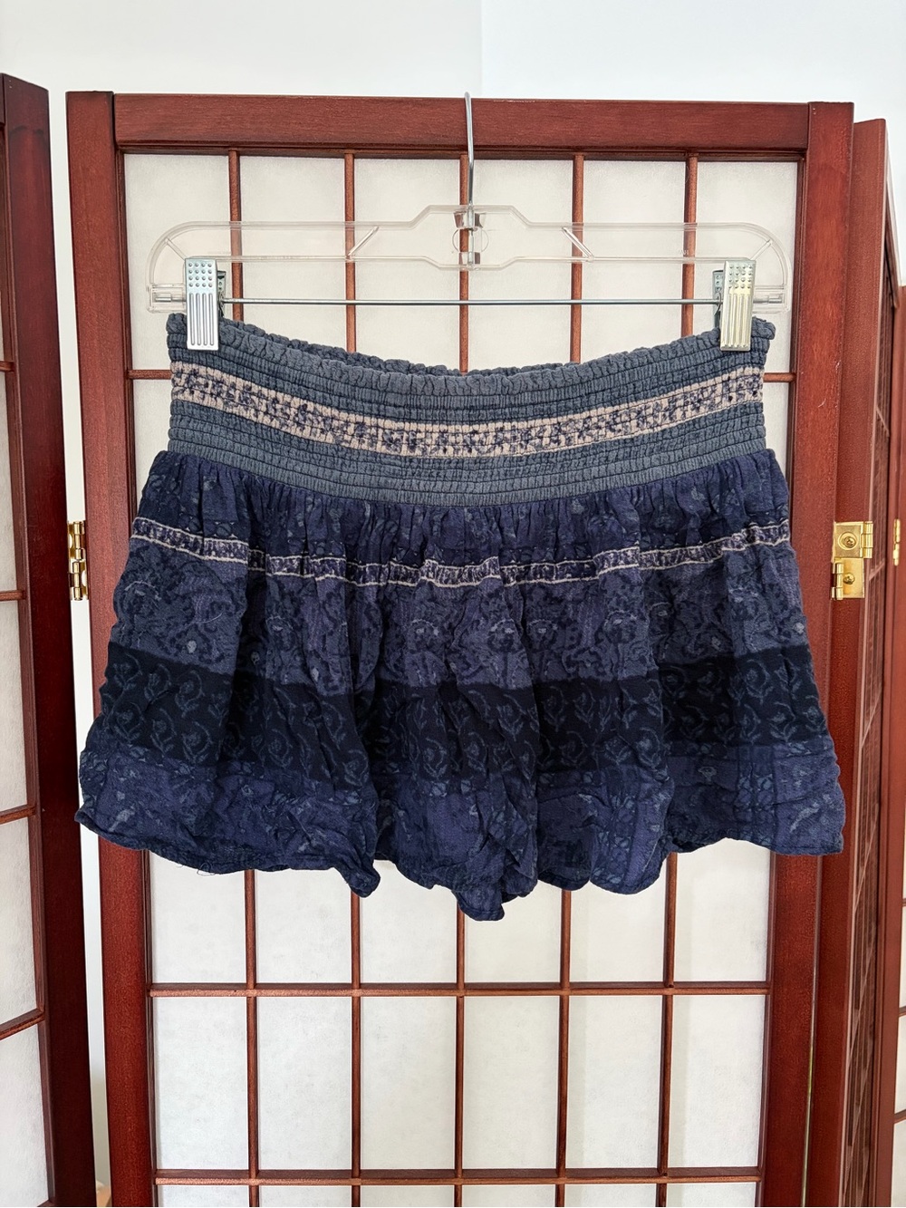 Ecote Navy Blue Tiered Smocked Mini Skirt with Patterned Bands